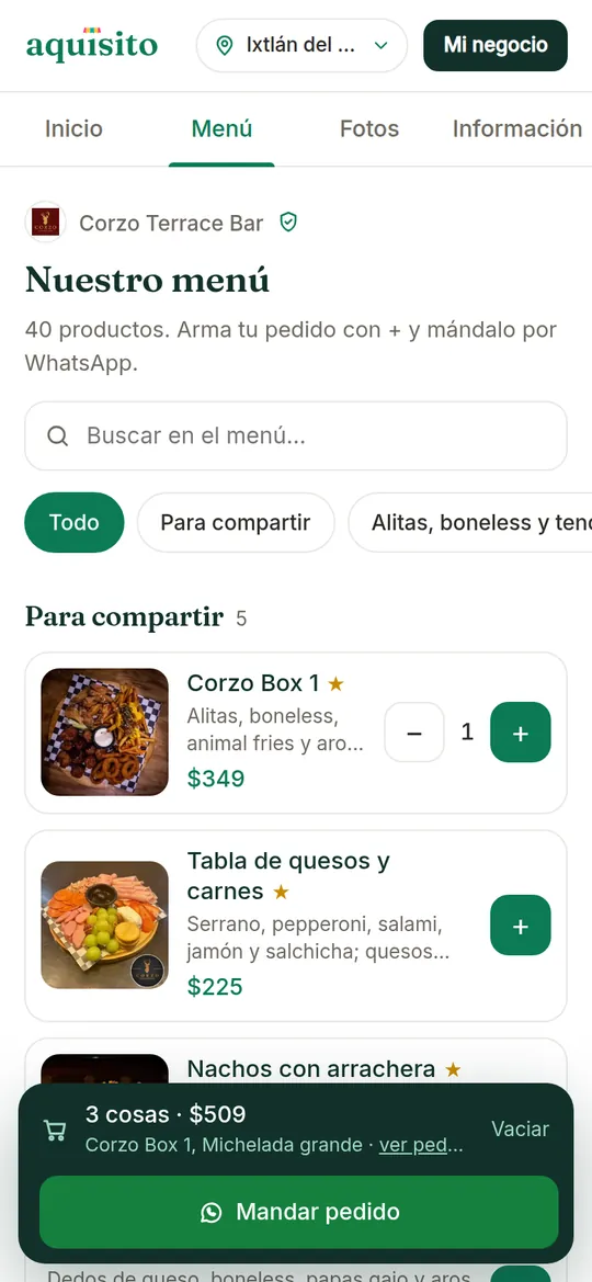 El menú de Corzo Terrace Bar en Aquisito con un pedido armado: 3 cosas por $509 y el botón Mandar pedido